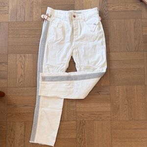 Anthropologie white straight-leg jeans with fun black and white side trim